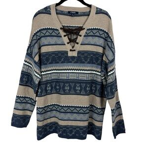 Chaps Western Sweater Blue Tan Pullover Striped Neckline Crisscross Tie Size L